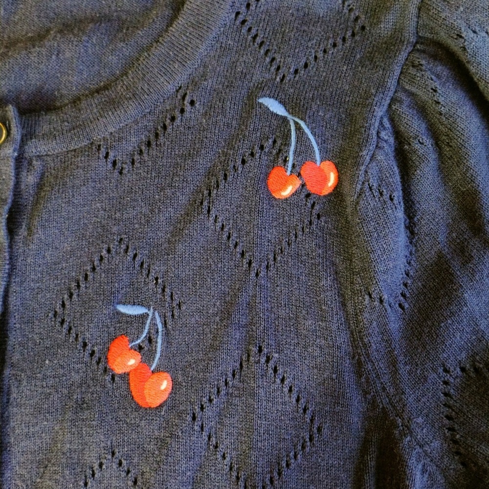 Charter Club Cherry Embroidered Cardigan Sweater Navy Blue Womens Large Twee - Picture 9 of 11